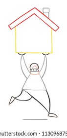 Vector illustration cartoon thief man with face masked running and carrying house.