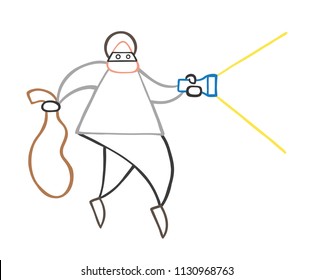 Vector illustration cartoon thief man with face masked walking and holding flashlight and sack.