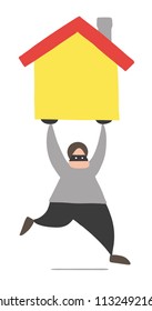 Vector illustration cartoon thief man with face masked running and carrying house.