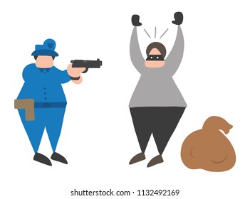 Vector illustration cartoon thief man with face masked and sack was caught by police.