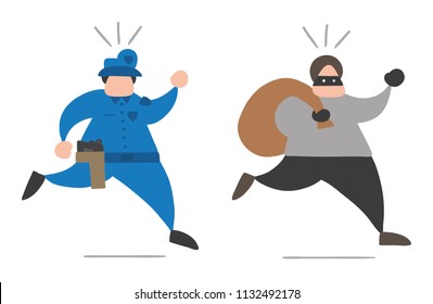 Vector illustration cartoon thief man with face masked running away from police and carrying sack.