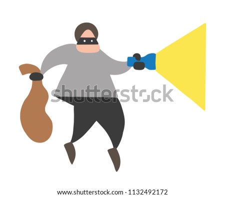 Vector illustration cartoon thief man with face masked walking and holding flashlight and sack.