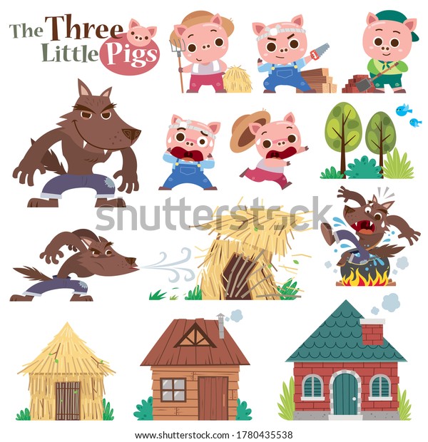 Vector illustration of Cartoon The Three\
little pigs. Set of cute\
characters