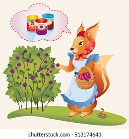 Vector illustration with cartoon thrifty squirrel collecting berries