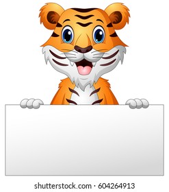 Vector illustration of Cartoon tiger with blank sign