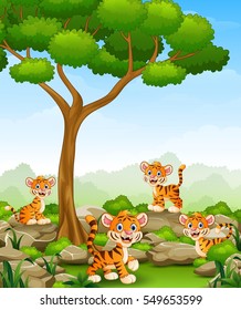 Vector illustration of Cartoon tiger group in the jungle