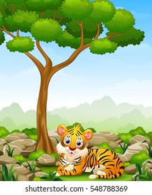Vector illustration of Cartoon tiger lay down in the jungle