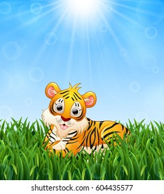 Vector illustration of Cartoon tiger lay down in the grass on a background of bright sunshine