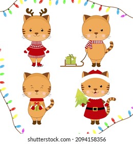 Vector illustration cartoon tiger. Little cute kittens christmas. Post card for new year.