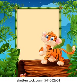 Vector illustration of Cartoon tiger on hollow log near the empty framed signboard
