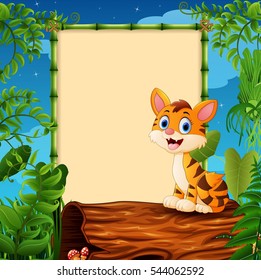 Vector illustration of Cartoon tiger sitting on hollow log near the empty framed signboard