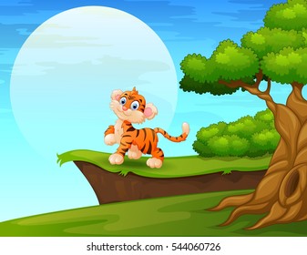 Vector illustration of Cartoon tiger smiling near the cliff
