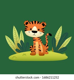 Vector illustration of a cartoon tiger and tropical leaves on green background.