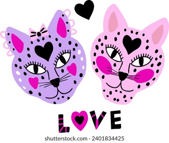 Vector illustration with cartoon tigers with hearts. Valentines Day concept. Cute Pink cat in love