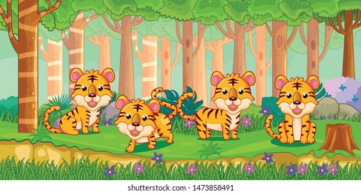 Vector illustration of Cartoon tigers in the jungle