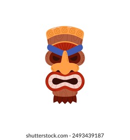 Vector illustration of a cartoon tiki totem mask on a white background. An image of a wooden sculpture with a menacing expression and a large nose and teeth