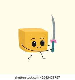 Vector illustration of cartoon tofu with cheerful scary face carrying sword. vector design