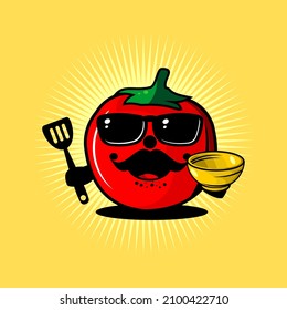 vector illustration of cartoon tomato carrying a bowl