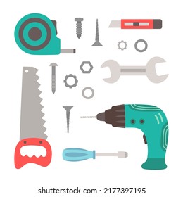 vector illustration of cartoon tools for repair in flat style, set of colored various working instruments spanner, screwdriver, saw, drill and measuring tape isolated on white