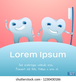 Vector illustration. Cartoon tooth with shield repels the attack of bacteria.