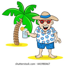 vector illustration of a cartoon tourist with drink on holiday