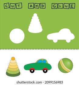 Ilustración vectorial de juguetes de dibujos animados que carecen del elemento deseado. juego de papel para el desarrollo de preescolares. Corta partes de la imagen y pega el juguete. Un juego divertido para niños y niños
