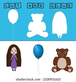 Vector illustration of  cartoon toys lacking the desired element. paper game for the development of preschoolers. Cut out parts of the image and glue on the toy. A fun game for kids and kids

