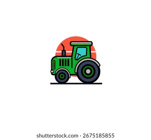 Ilustración vectorial de un tractor de dibujos animados con un gran sol en el fondo	