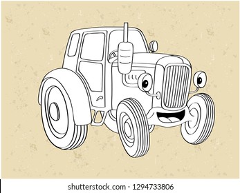 Vector Illustration of cartoon tractor - Coloring book. 