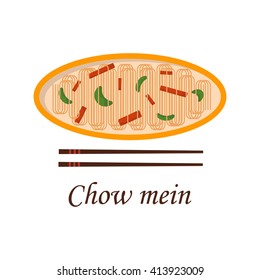 Vector illustration with cartoon traditional chinese meal chow mein. Noodles, vegetables, chopsticks. Chinese cuisine concept. Great for restaurant, cafe asia cuisine menu design. Popular food