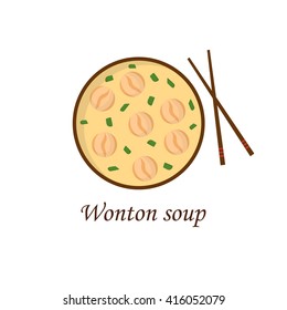 Vector illustration with cartoon traditional chinese wonton soup. Chinese culture design. Vector china cuisine food background. Cartoon isolated wonton soup with chopsticks. Asian oriental food design