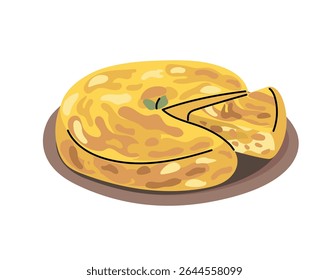 Vector illustration cartoon of a traditional Spanish tortilla de patatas made with potatoes and eggs, a staple dish of cuisine in Spain