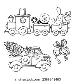 Vector illustration of cartoon transport children s toys train and truck for Christmas in doodle style