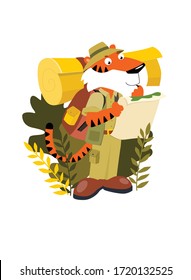 Vector illustration of a cartoon traveler. The tiger travels. Researcher. Wild animal. Cartoon tiger travels through the jungle with a backpack and a map. African animal.