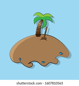 vector illustration of cartoon treasure island with palm tree and shovel stuck in the ground on a blue background with shadow