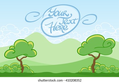 Vector illustration: Cartoon tree on the mountains background