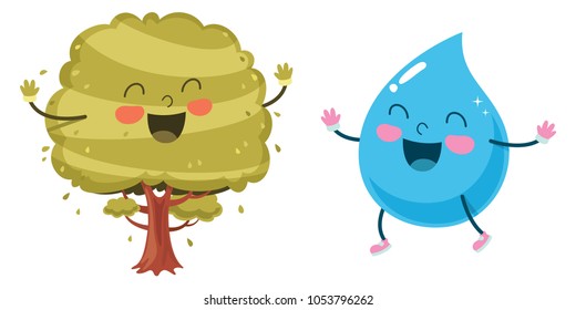 Vector Illustration Of Cartoon Tree And Raindrop
