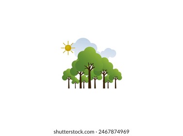 Vector illustration of cartoon trees with green foliage and sun on background