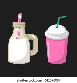 Vector illustration with cartoon trendy isolated milk cocktail bottle jar with stripped straw. Healthy dairy calcium beverage. Cow farm product icon