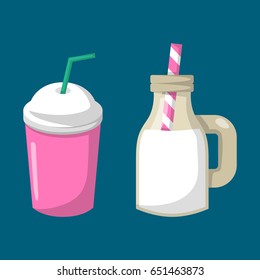 Vector illustration with cartoon trendy isolated milk cocktail bottle jar with stripped straw. Healthy dairy calcium beverage. Cow farm product icon