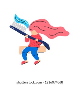 Vector illustration with cartoon trendy little woman and big toothbrush. Health care icon. Daily routine background. Dental teeth hygiene. Card or booklet illustration