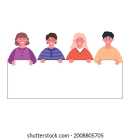 Vector illustration cartoon of trendy people  standing behind blank sign banner with a place for text. Template for advertising.