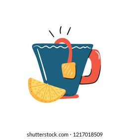 Vector illustration with cartoon trendy tea cup and lemon slice. Tea time icon isolated on white background. Hot herbal bevetage. Morning drink design print