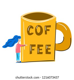 Vector illustration with cartoon trendy woman hugging coffee cup. Daily morning routine. Hot beverage. Cafe icon. T-shirt, cup or clothes print design. Morning illustration
