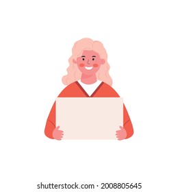 Caricatura de ilustración vectorial de una joven de moda sosteniendo un cartel en blanco en sus manos con un lugar para el texto. Plantilla para publicidad, banner