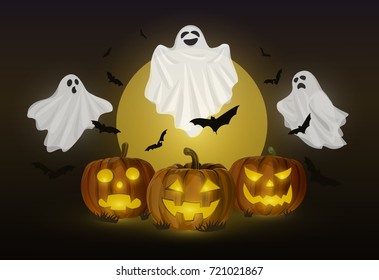 Vector Illustration Cartoon trick or treat : Head Pumpkin Jack o Lantern Halloween. Ghost cover fabric white evil creepy and funny cute With moon and Flock Bats fly around on night dark background.