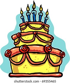 Vector illustration of a cartoon triple-tiered pink and yellow birthday cake with five blue candles on top.