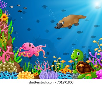 Vector illustration of Cartoon tropical animal with beautiful underwater world