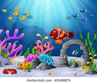 Vector illustration of Cartoon tropical fish with beautiful underwater world