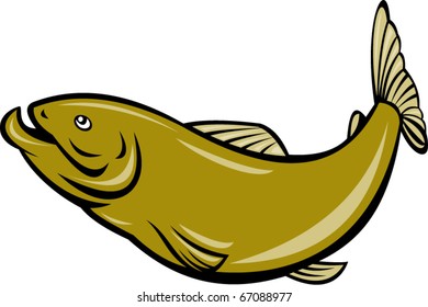 vector illustration of a cartoon trout fish jumping side isolated on white